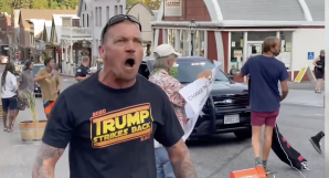 Supporter of President Donald Trump confronts a protester. Courtesy of Media Education Foundation.